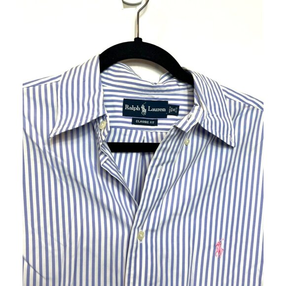 Ralph Lauren Polo Blue White Striped Button Down Shirt Classic Fit Size 16 32/33 - Picture 4 of 8